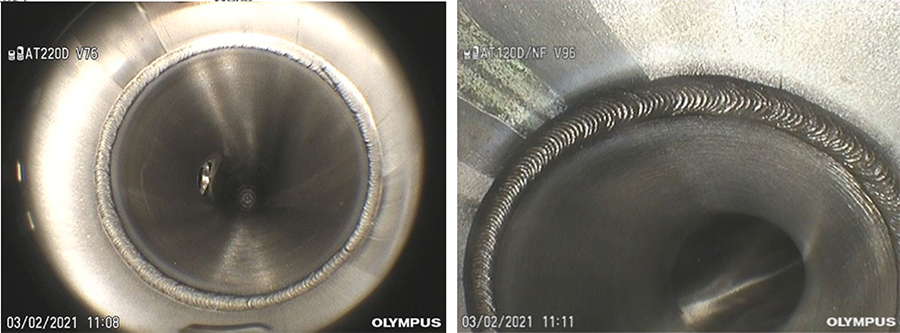 Videoscope weld inspection (left) with 220° wide-angle view optical adaptor and (right) with 120° direct view optical adaptor.