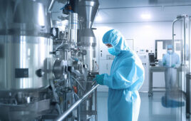 Biotechnology production facility, pharma. Clean production room with worker in protective suit. Generative AI image.