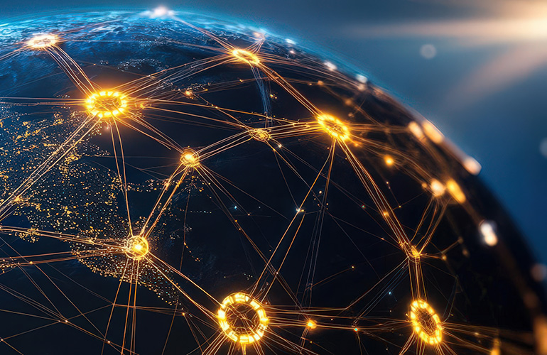 A globe wrapped in a network of supply chain links, each node glowing with optimized resource management, illustrating global logistics